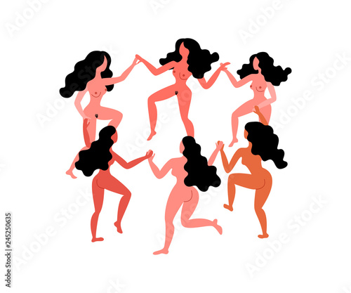 Round dance naked women. Nude women hold hands. Vector illustration on March 8th. Card for Women's Day.