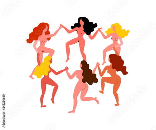 Round dance naked women. Nude women hold hands. Vector illustration on March 8th. Card for Women's Day.