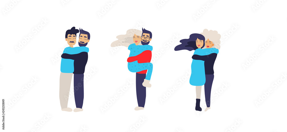 Set of LGBT community, gays,lesbian, man and women,  hugging, White background. Vector flat  illustration.
