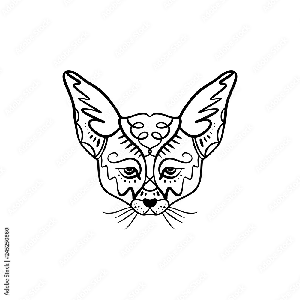Fototapeta premium Line illustration of a cute little fenech fox with big ears, tattoo design. Antistress art