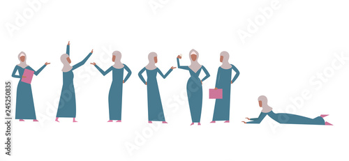 Set of muslim, arab woman with blue dress presentation in various poses, action, running, standing and walking. White background. Vector illustration.