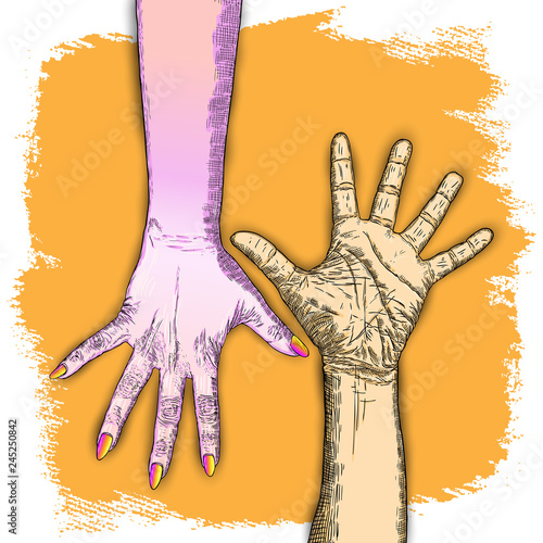 Man vs woman, confrontation and competition concept. Gender inequality. Fight against stereotypes. Ink art. Vector.