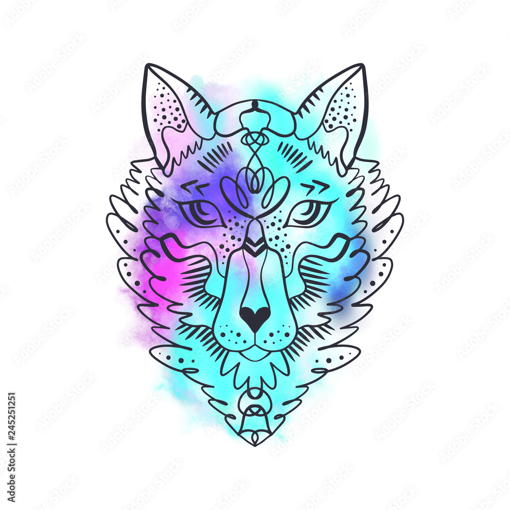 Totem wolf or fox, boho hippie illustration for sketches of tattoos. Northen style, sticker. Antistress art Totem wolf or fox, boho hippie illustration for sketches of tattoos. Northen style, sticker. Antistress art