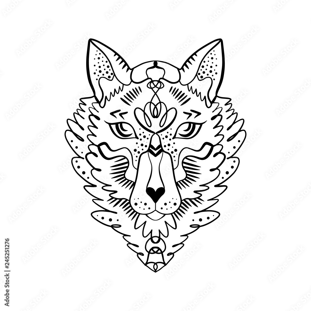 Fototapeta premium Totem wolf or fox, boho hippie illustration for sketches of tattoos. Northen style, sticker. Antistress art