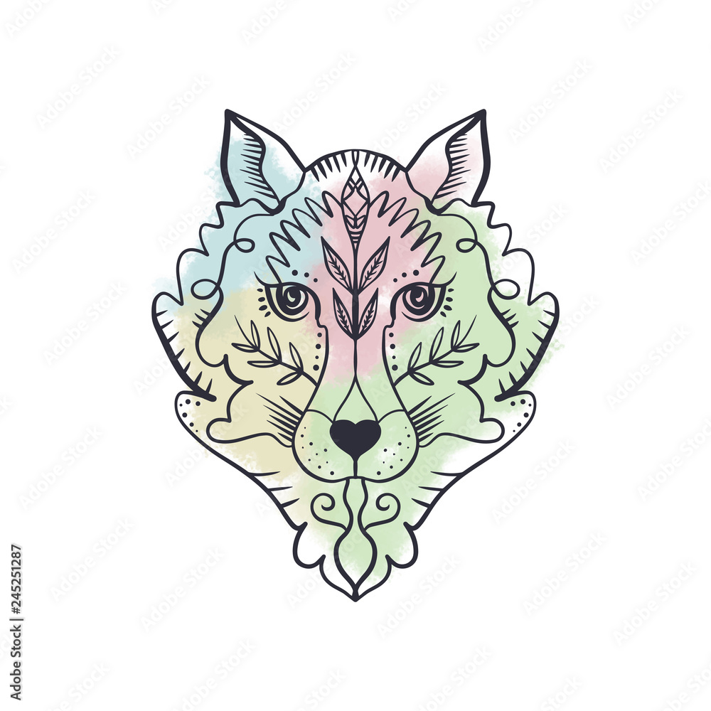 Fototapeta premium Totem wolf or fox, boho hippie illustration for sketches of tattoos. Northen style, sticker. Antistress art