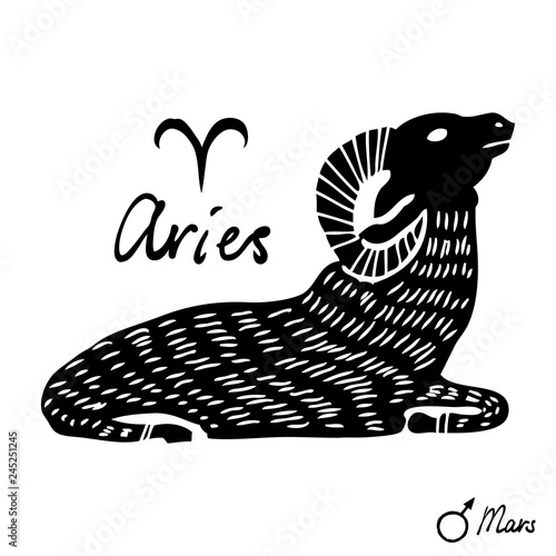 Hand drawn zodiac constellations symbol and sign Aries, Mars illustration picture planet and symbol written name. Usable for mystic occult palmistry and witchcraft alchemy. Vector