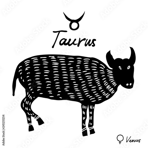 Hand drawn zodiac constellations symbol and sign Taurus, Venu illustration picture planet and symbol written name. Usable for mystic occult palmistry and witchcraft alchemy. Vector