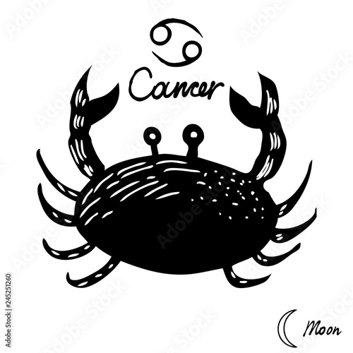 Hand drawn zodiac constellations symbol and sign Cancer, Moon illustration picture planet and symbol written name. Usable for mystic occult palmistry and witchcraft alchemy. Vector