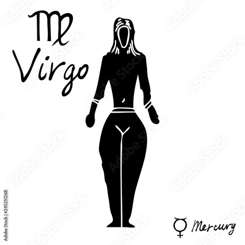 Hand drawn zodiac constellations symbol and sign Virgo, Mercury illustration picture planet and symbol written name. Usable for mystic occult palmistry and witchcraft alchemy. Vector