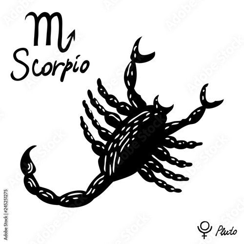 Hand drawn zodiac constellations symbol and sign Scorpio, Pluto illustration picture planet and symbol written name. Usable for mystic occult palmistry and witchcraft alchemy. Vector