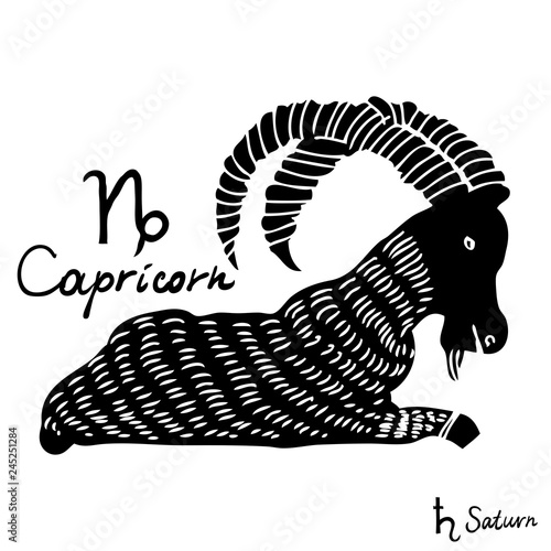Hand drawn zodiac constellations symbol and sign Capricorn, Saturn illustration picture planet and symbol written name. Usable for mystic occult palmistry and witchcraft alchemy. Vector