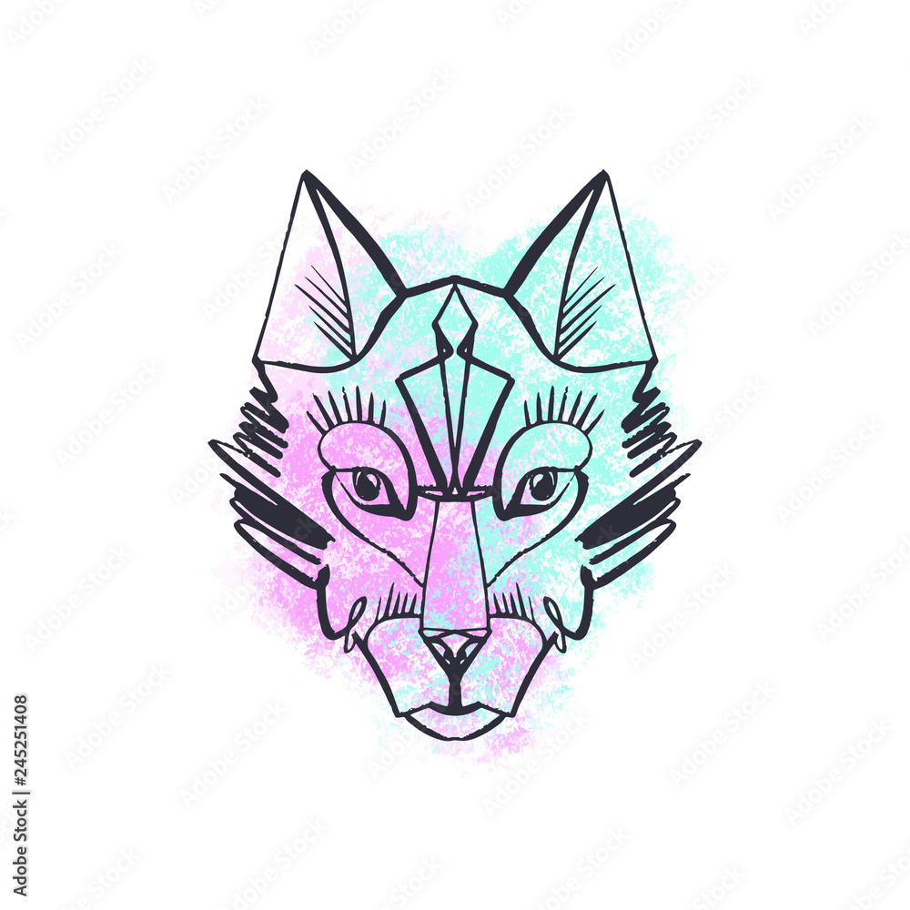 Patterned head of the wolf, animal face on white background. African or indian totem, boho style, flash tattoo design Patterned head of the wolf, animal face on white background. African or indian totem, boho style, flash tattoo design