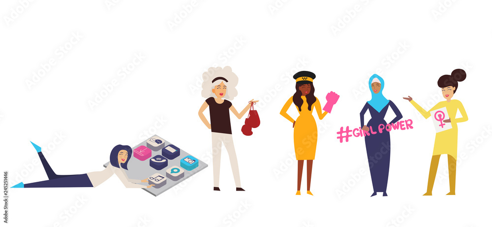 Set of women professions. Boxer, taxi driver, businesswoman, workwoman,programmer, flat design . You are free to choose. For we can do it and power girl concept Vector illustration