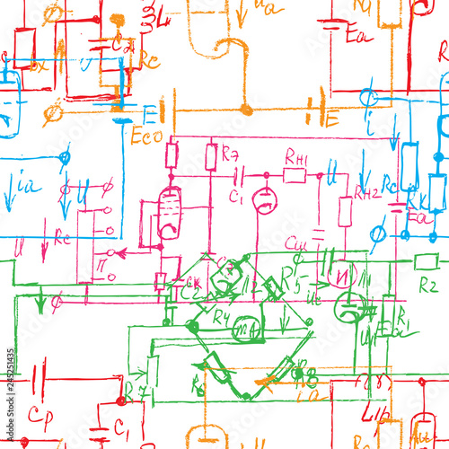 Scientific seamless background with handwritten mathematical and physical formulas, electronic components, schematic diagram and circuit of  the devices. Electrician pattern. Vector.