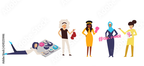 Set of women professions. Boxer, taxi driver, businesswoman, workwoman,programmer, flat design . You are free to choose. For we can do it and power girl concept Vector illustration
