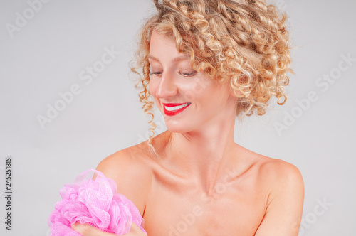 Perfect fresh clean skin concept. Beautiful woman washing her body