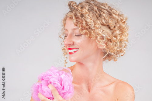 Perfect fresh clean skin concept. Beautiful woman washing her body