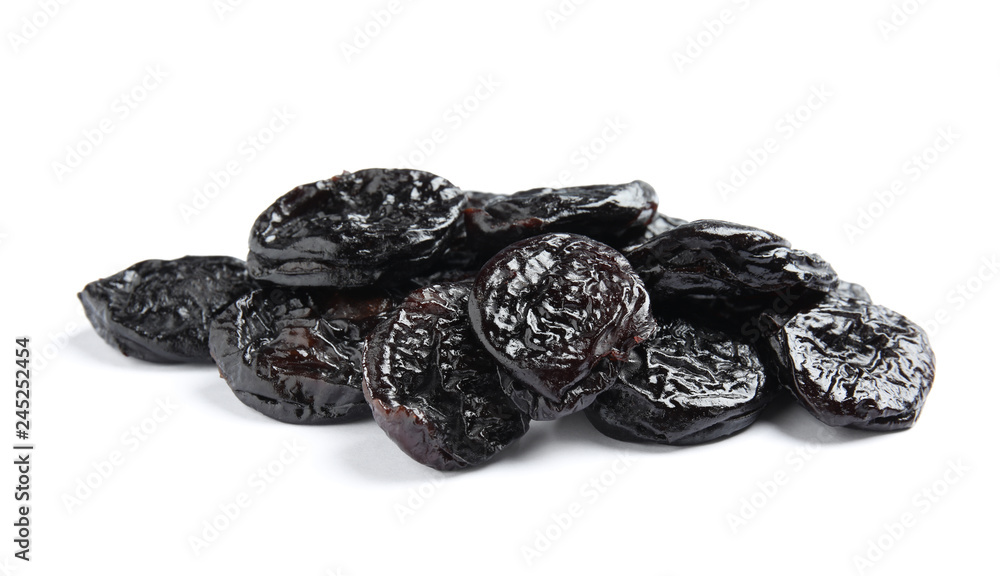 Heap of tasty prunes on white background. Dried fruit as healthy snack Heap of tasty prunes on white background. Dried fruit as healthy snack