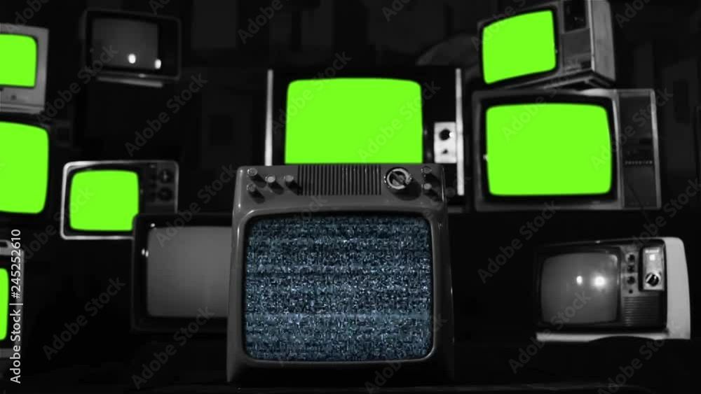 Malfunction Old Tvs With Green Screen. Black and White. Malfunction Old Tvs With Green Screen. Black and White.