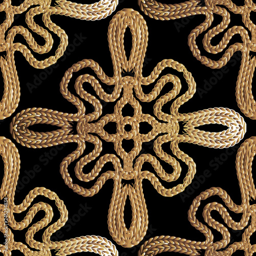 Textured braided 3d vector seamless pattern. Ornamental vintage embroidery background. Stitching grunge tapestry repeat backdrop. Braids, stitching. Embroidered ornament. Surface ornate gold texture