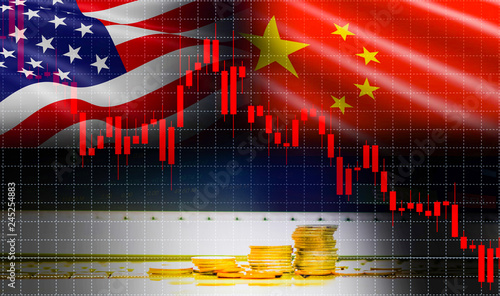 Photography Trade war economy USA America and China flag candlestick graph Stock market exch