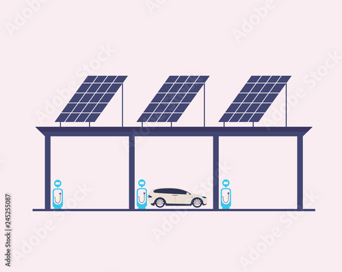 Electric cars charging at the charger station in front of the solar panels with people and supermarket and electronic cigarettes. White background. Green power. Vector illustration. 