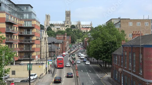 Traffic and cathedral, Lincoln, England photo