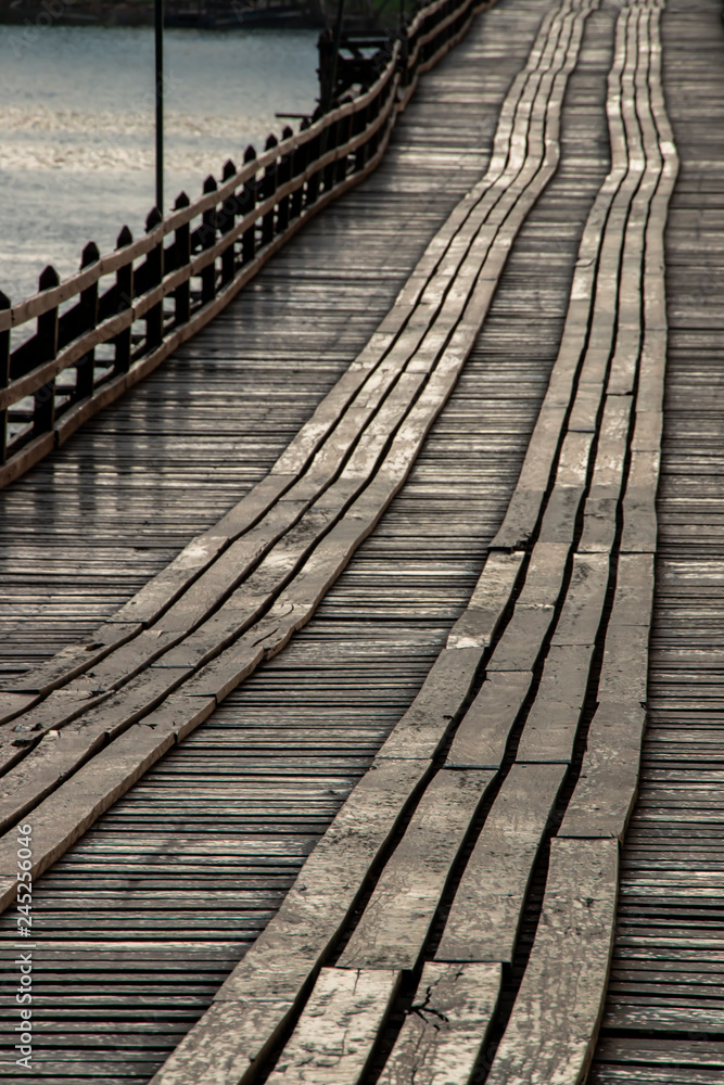 Fototapeta premium Landscape of Mon wooden bridge in Sangkhlaburi Kanchanaburi Thailand