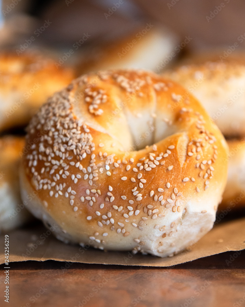 Assortment of authentic fresh baked New York style bagels with seeds Assortment of authentic fresh baked New York style bagels with seeds