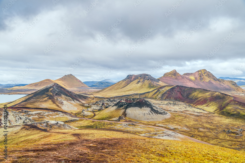View of colorful mountains Landmannalaugar from the Laugavegur hiking trail.Autumn.Iceland