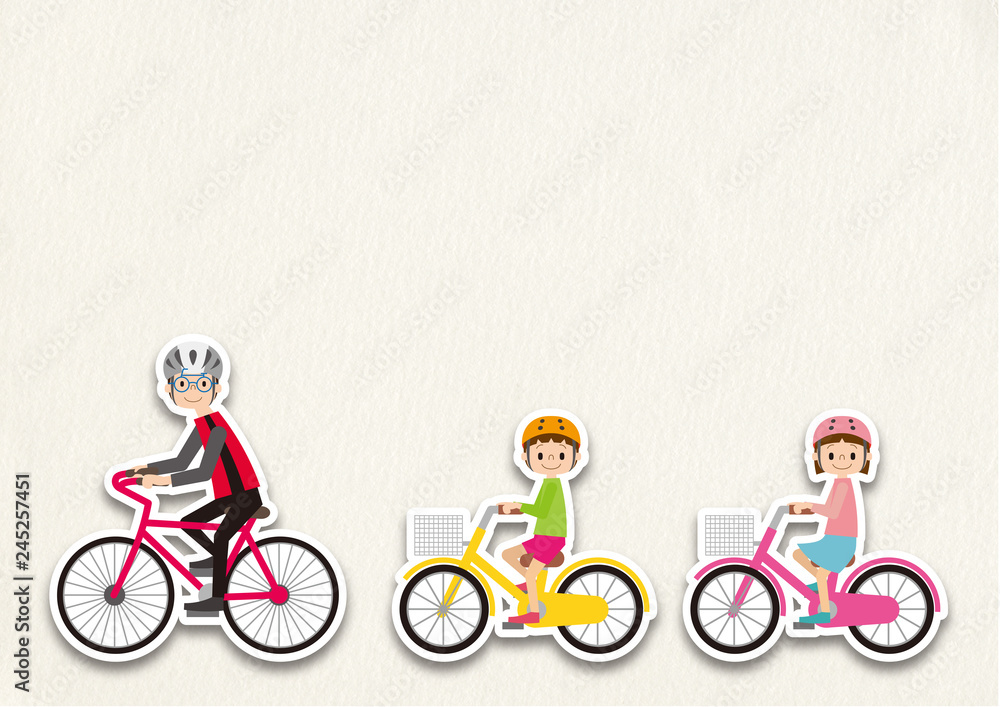 こちらを向いて自転車に乗る、自転車指導員と子ども達 こちらを向いて自転車に乗る、自転車指導員と子ども達