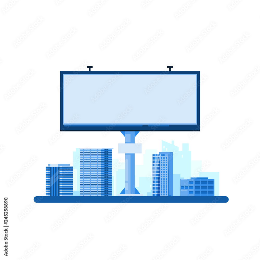 Street advertising concept. White blank billboard on cityscape background. Vector flat illustration