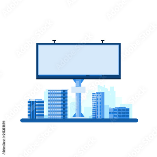 Street advertising concept. White blank billboard on cityscape background. Vector flat illustration