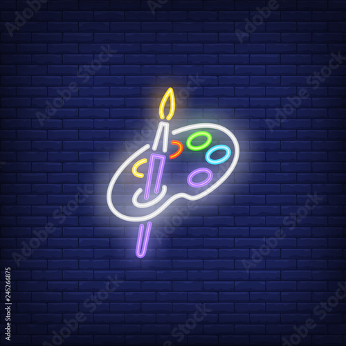 Brush and palette neon sign. Painting and art supplies design. Night bright neon sign, colorful billboard, light banner. Vector illustration in neon style.
