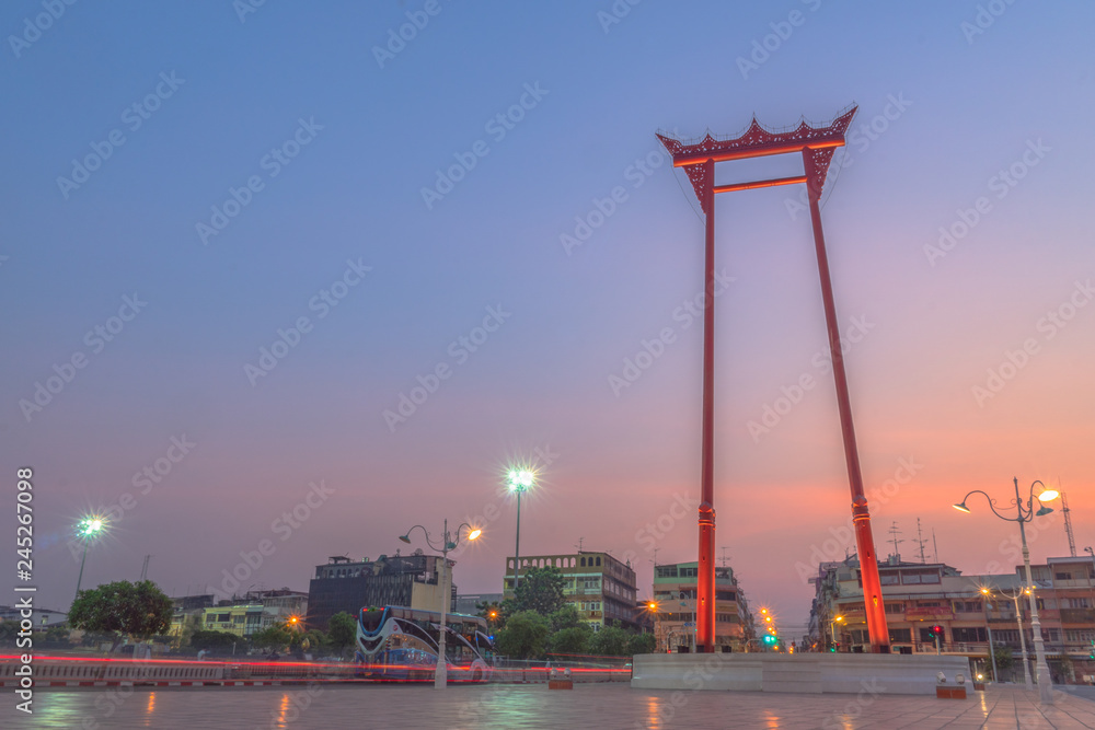 sunrise at Swing pillars in Bangkok.Sao Chingcha is the architecture created for the ceremony of swinging in  the royal ceremony of the tri-yam phai teripiwa of the Brahmin-Hindu religion.