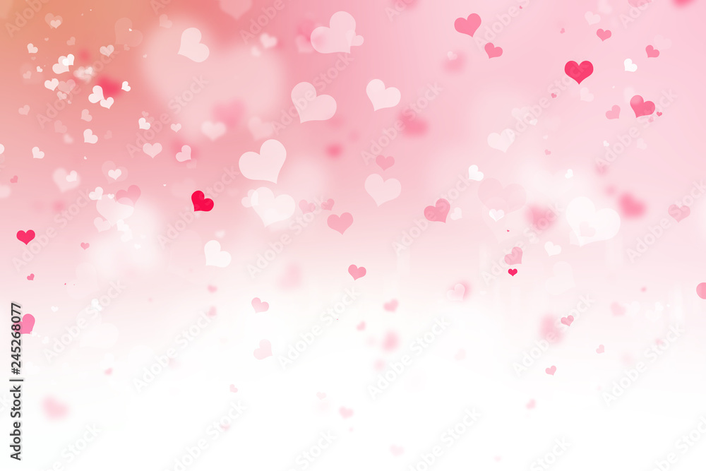Abstract blur background. pink pastel heart love bokeh valentine's day happy concept; white sparkling rays group soft focus lens view card elements; Glowing corazones light gradient dark wallpaper.
