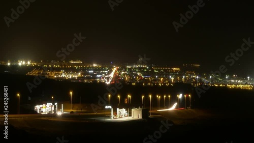 Panorama Night Time Lapse of Arrecife Airport (ACE) with Planes, Cruise Ships, City lights Zoom Out, San Bartolom√©, Las Palmas, Lanzarote, Canary Islands, Spain photo