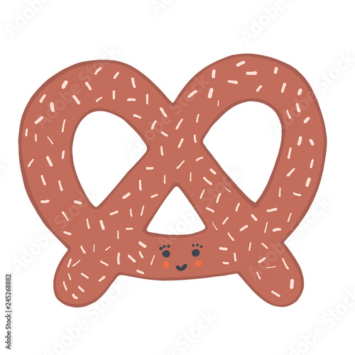 Cute pretzel cartoon with smiling faceand seeds. Vector illustration motif. Hand drawn kawaii bakery bread clipart for kitchen foodie blog, german beer festival background, restaurant table menu.