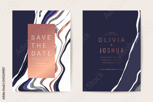 Luxury wedding invitation cards with gold marble texture vector design template