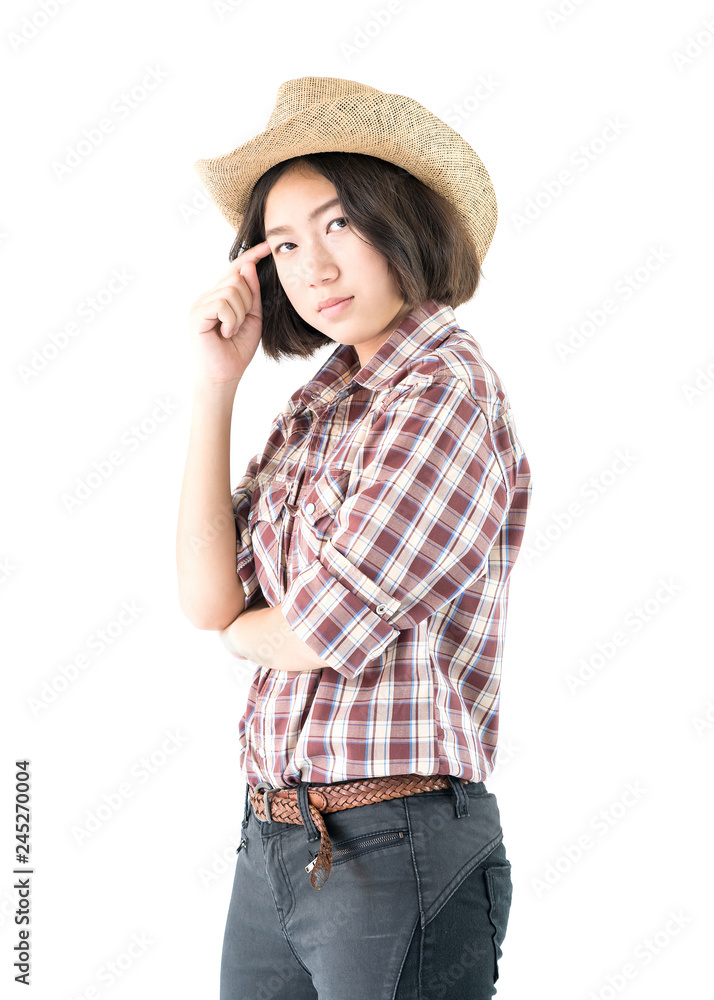 Young woman in a plaid shirt and arms crossed Young woman in a plaid shirt and arms crossed