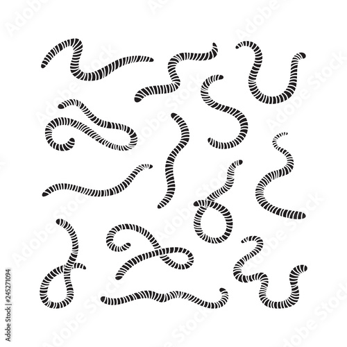 Carved silhouette of earthworms. Set of worms. Illustration of animal, nature, fishing, earth and ground. Flat icons, simple vector design