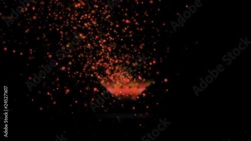 Black digital abstract background with wave particles, glow sparkles and space with depth of field. Particles form lines, surface and grid.