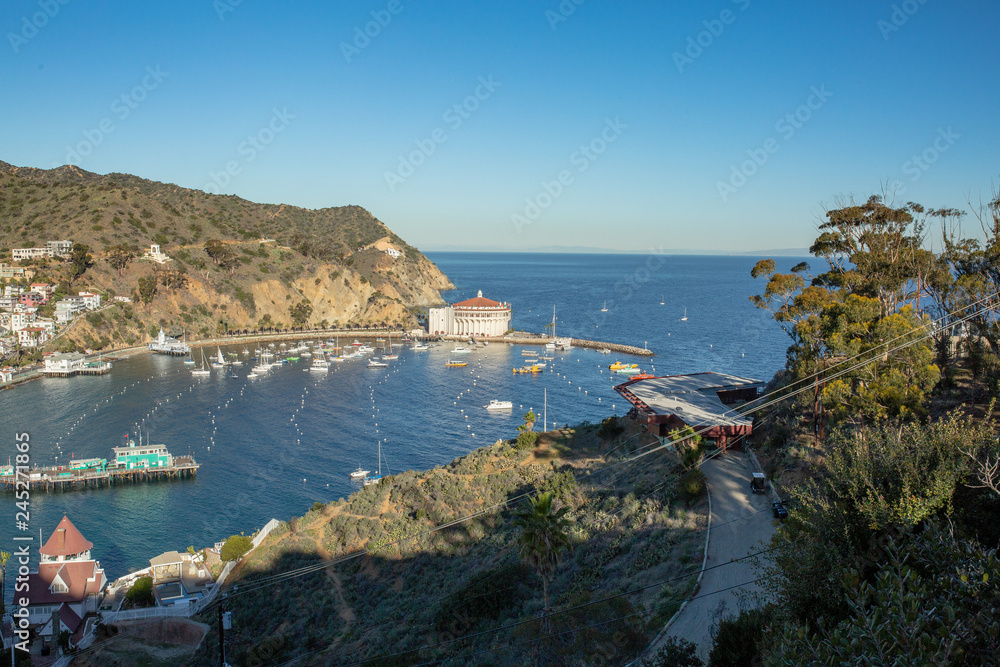 View of Avalon harbor on Catalina Island in the early sunrise light.