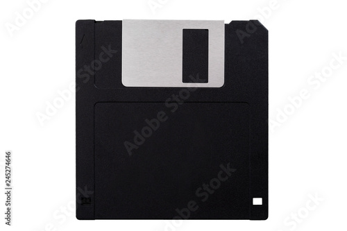 Obsolete data storage technology, retro digital medium and nostalgia concept with a tilted floppy disk isolated on white background facing the front side with a clip path cutout