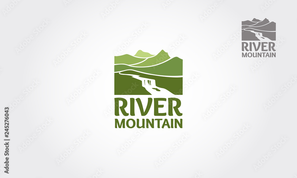River Mountain Vector Logo Template. This logo features a mountain landscape with a river. You can use this logo for any business, especially for travel companies.