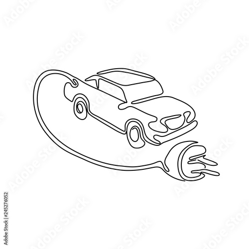 Continuous line drawing illustration of an electric vehicle  car or automobile with charging cable and plug coming out done in sketch or doodle style in black and white. 