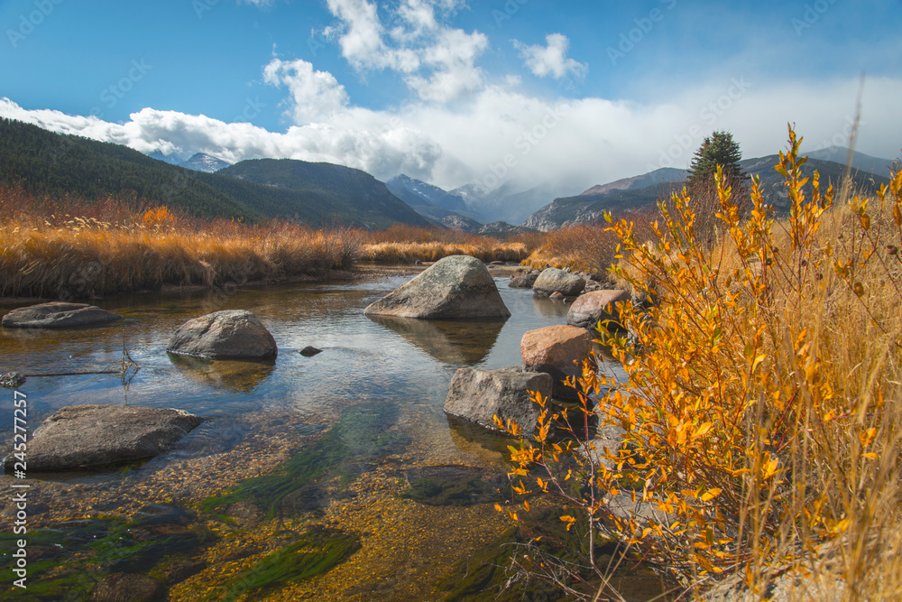 River Cuts through Plants Near Mountains During Fall