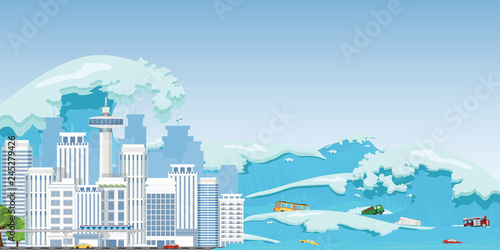 City destroyed by Tsunami waves.