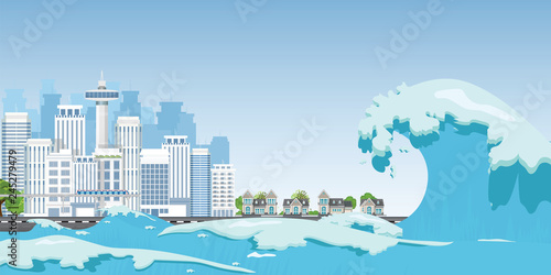 City on seashore destroyed by Tsunami waves.