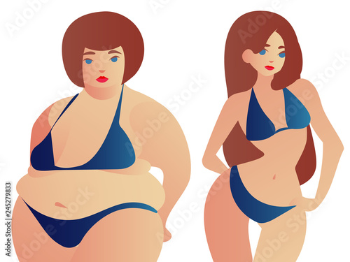 Illustration of a fat and slim woman figure. Change yourself. Before and after weight loss.	